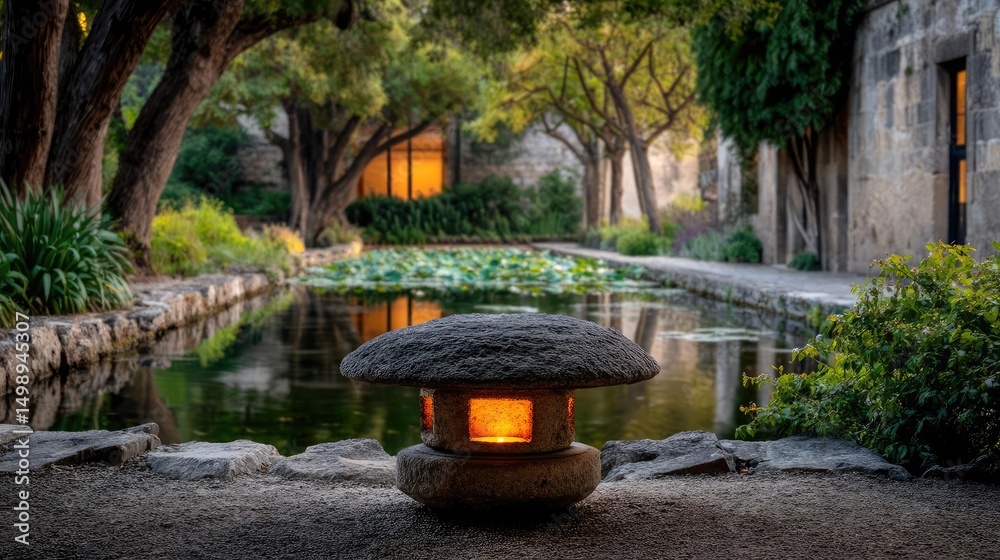 Aufkleber stone lantern in harmony with peaceful lotus pond concept. serene garden scene with lantern by a tra