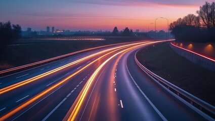 Obraz premium Photo of Highway lights at dusk showing light trails from cars with a city skyline in the background, creating a sense of motion and speed on the open road