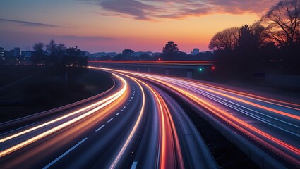 Fototapeta premium Photo of Long exposure captures light trails on a curved highway at dusk, with a vibrant sunset sky and silhouetted buildings in the distance, creating a sense of motion and speed