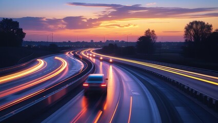 Obraz premium Photo of Highway at sunset with car light trails leading towards the city skyline, creating a dynamic scene of urban transportation during the evening hours