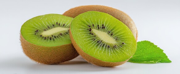 Fototapeta premium The vibrant green kiwi fruit sliced in half showcasing its juicy interior.