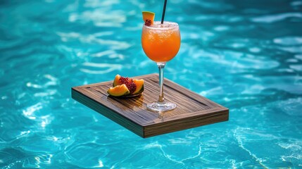 Obraz premium Floating wooden platter holding a refreshing summer drink.