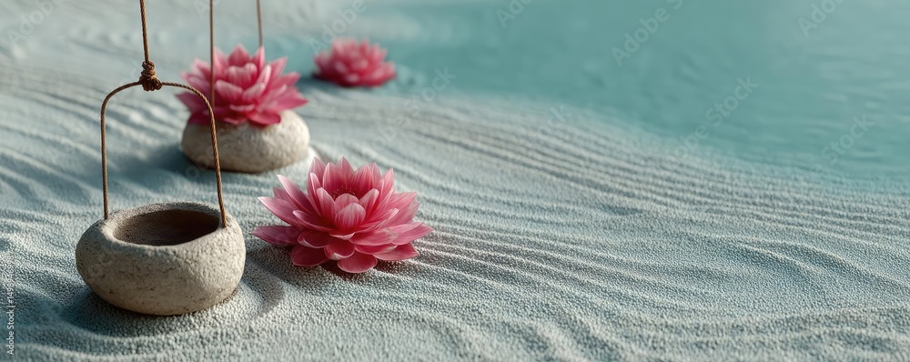 Poster raked sand patterns in tranquility with lantern and lotus concept. tranquil scene with pink flowers 