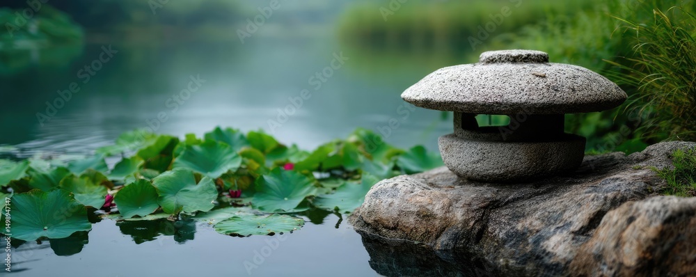 Poster stone lantern in harmony with peaceful lotus pond concept. a serene stone lantern by a tranquil pond