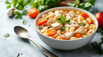 Macaroni soup with chicken drumsticks, tomato, and carrots served in a white bowl on marble, highlighted by natural light in a simple Asian-style presentation.
