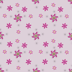 Abstract purple hibiscus floral in seamless pattern background. Colorful flowers, flower petals, blooms, roses on wallpaper for banner, prints, packaging.