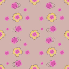 Abstract yellow and pink floral in seamless pattern background. Colorful flowers, flower petals, blooms, roses on wallpaper for banner, prints, packaging.