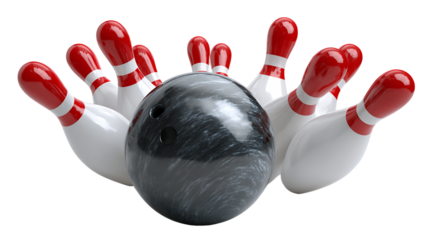 Bowling Ball Striking Red And White Pins On Transparent Background, PNG