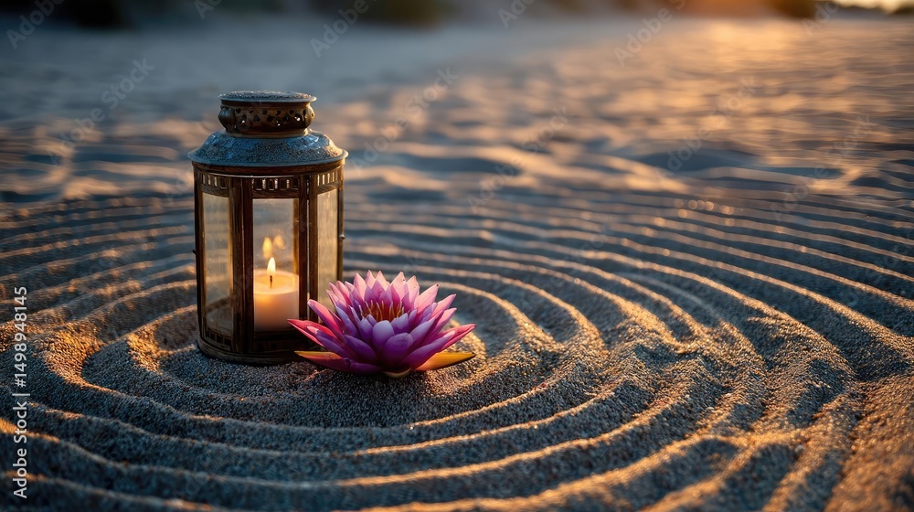 Poster Raked sand patterns in tranquility with lantern and lotus concept. A tranquil scene with a lantern and flower in soft sand patterns.