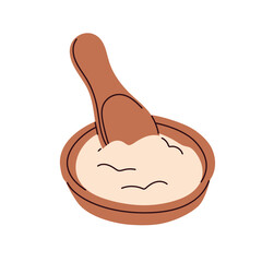 Baking soda in bowl with wooden spoon. Natural eco-friendly kitchen ingredient for cooking. Bicarbonate in wood pot for organic cleaning. Flat vector illustration isolated on white background