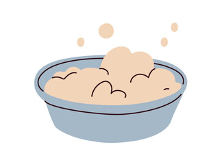 Wash basin with foam, soap, bubbles. Metal laundry bowl, soapy water, bubbly suds for hygiene, cleaning and cleansing with detergent. Flat vector illustration isolated on white background