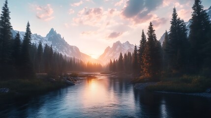 Fototapeta premium Serene landscape at sunrise with mountains, river, and forest.