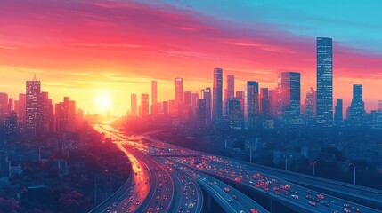 Obraz premium A bustling metropolis awakens with a radiant sunrise painting the skyline in vivid hues as cars stream along highways