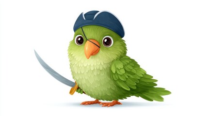 Fototapeta premium Playful Parrot Dressed as a Pirate Holding a Sword with Vibrant Green Feathers and Cute Expression