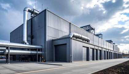 A modern manufacturing plant with metal exterior and large exhaust vents