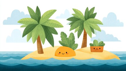 Obraz premium Whimsical Kawaii Pirate Treasure Island Illustration With Palm Trees and Smiling Sandy Character in Blue Ocean