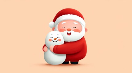 Obraz premium Kawaii Santa Claus Character Joyfully Hugging a Smiling Snowman Against a Soft Pastel Background