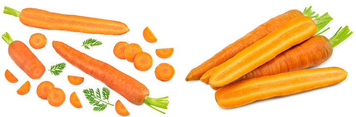 sliced carrot with green leaves isolated on white background. clipping path