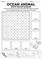 Ocean Animal Word Search Puzzle for Kids, Cut and Paste Activity, Printable Puzzle Game, Vocabulary Worksheet, Summer Activity, Brain Game