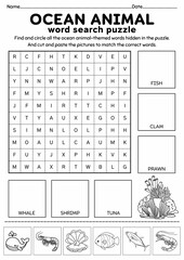 Ocean Animal Word Search Puzzle for Kids, Cut and Paste Activity, Printable Puzzle Game, Vocabulary Worksheet, Summer Activity, Brain Game