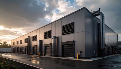 Obraz premium A modern manufacturing plant with metal exterior and large exhaust vents