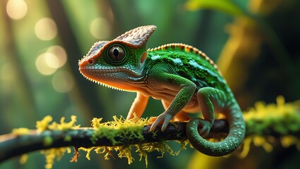 Fototapeta premium Photo of Green chameleon resting on a mossy branch in a lush forest environment with blurred background