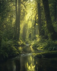 Fototapeta premium A serene forest scene bathed in golden sunlight. The tranquil river flows gently through lush greenery. Nature’s beauty captured perfectly. Generative AI