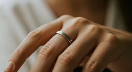 Close-up of a hand adorned with a simple, elegant band.  The metal gleams subtly