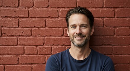 Smiling man against a brick wall