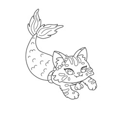 Coloring book with little mermaid cat among bubbles. Cute fantasy character for coloring. Kawaii animal underwater. Cartoon vector illustration, black outline