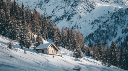 Fototapeta premium Snowy mountain hut in winter forest landscape