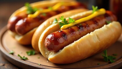 Close-up of grilled sausage hot dogs on a bun, with mustard and relish , beef, hot dog, meal