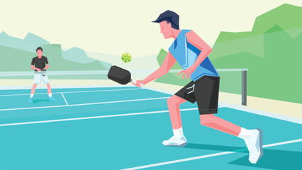 Athletes playing pickleball using a racket paddle hitting the ball, playing on the court. Cartoon illustration.