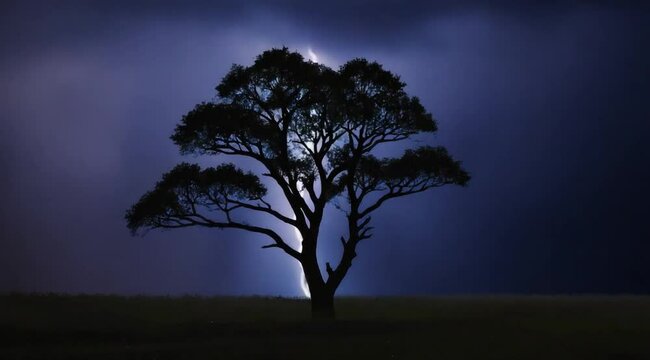 Silhouette of a lone tree against a dramatic stormy sky with lightning illuminating the background