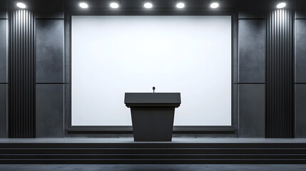 Modern Podium in Dark Hall: Elegant black podium with microphone on a stage, set against a large blank screen in a sophisticated dark hall with subtle lighting.