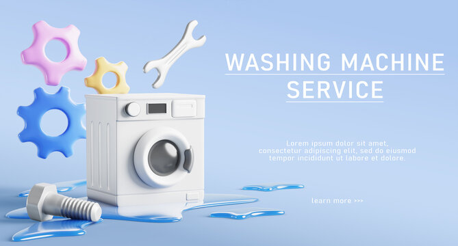 Washing machine repair service ad banner. Broken washer with liquid water puddle on floor, bolt, wrench, gears on blue background. Laundry equipment fixing, emergency repair work home. 3D illustration