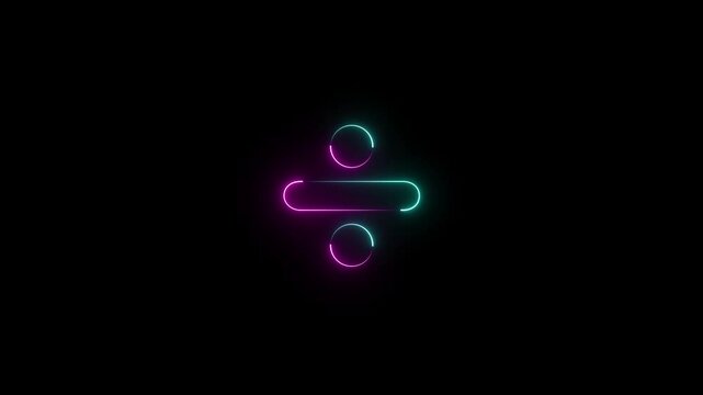 glowing neon light division sign animation icon symbol on black background. Neon math symbols divide icon animation concept