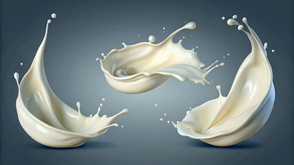 set of pouring milk and yogurt splash with cream in 3d render style