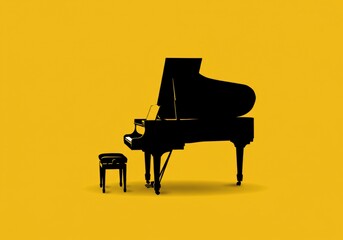 Grand Piano Silhouette on Yellow Background with Stool