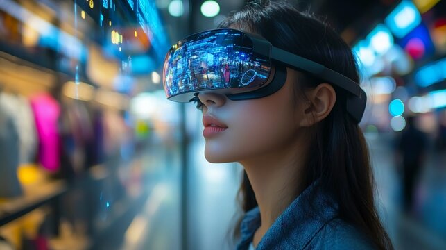 Immersed in a dazzling virtual world a young woman experiences vibrant digital retail through cutting edge VR headset