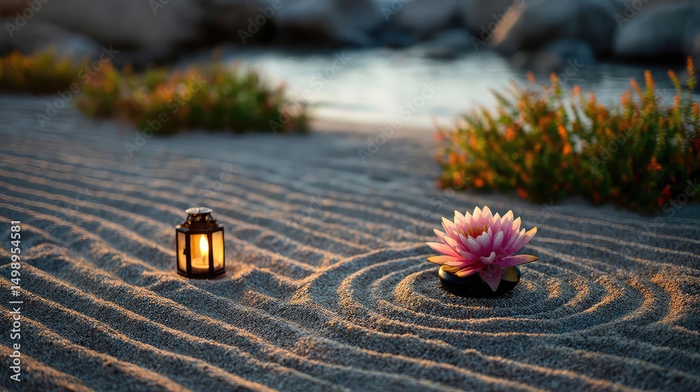 Poster Raked sand patterns in tranquility with lantern and lotus concept. A serene scene with a lantern and a water lily in sand.