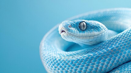 Fototapeta premium Close-up of a snake's head and body. the snake is coiled up, with its body facing towards the right side of the image.