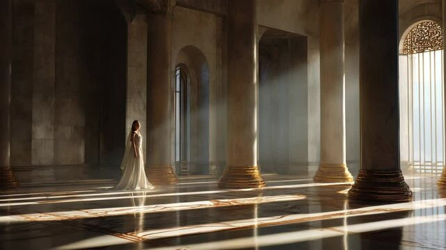 Queen esther in the deserted royal palace, with sunlight pouring through the grand windows