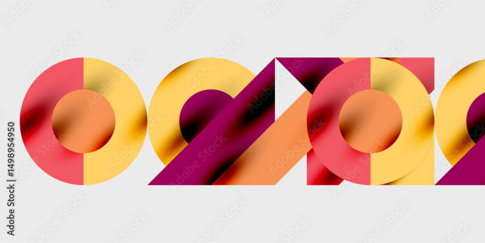 Aufkleber Abstract geometric shapes overlap, creating vibrant color gradients. Circles, triangles form dynamic composition on white background.