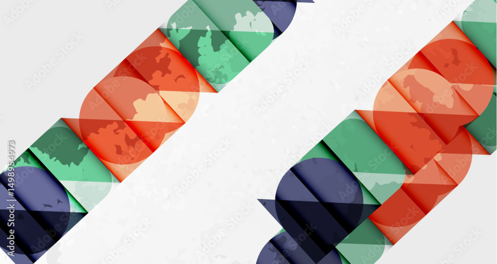 Poster abstract design features overlapping circles, squares. colors include green, orange, blue, white. mi