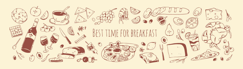 Drawing set of food for breakfast or lunch. Sketches of eating, meals. Doodle cup of coffee, toasts, sandwiches, fruit, seafood, cheese, tableware. Hand drawn outline isolated vector illustrations