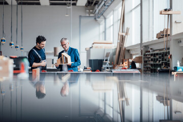 Engineer and craftsman discussing architectural model in modern workspace