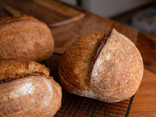 Freshly Baked Sourdough Loaf on Cafe table.