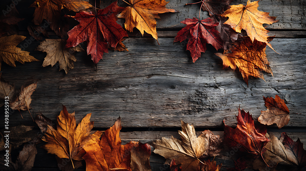 Aufkleber autumn leaves scattered on rustic wooden background, creating a warm and inviting seasonal ambiance.