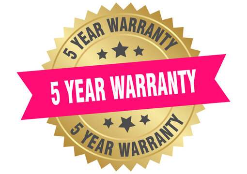 5 year warranty. 5 year warranty round pink and gold label isolated on transparent background